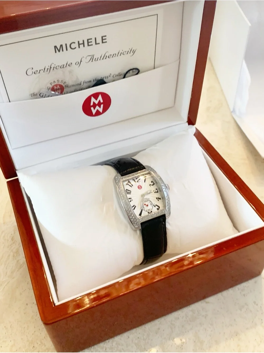 Michele Silver Crystal-Trim Watch with Black Leather Strap